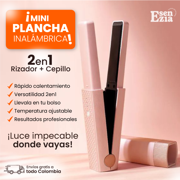 Mini plancha inalámbrica, recargable USB, 2en1 cepillo y rizador